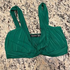 Emerald Green Pleated Front Knot Crop Top